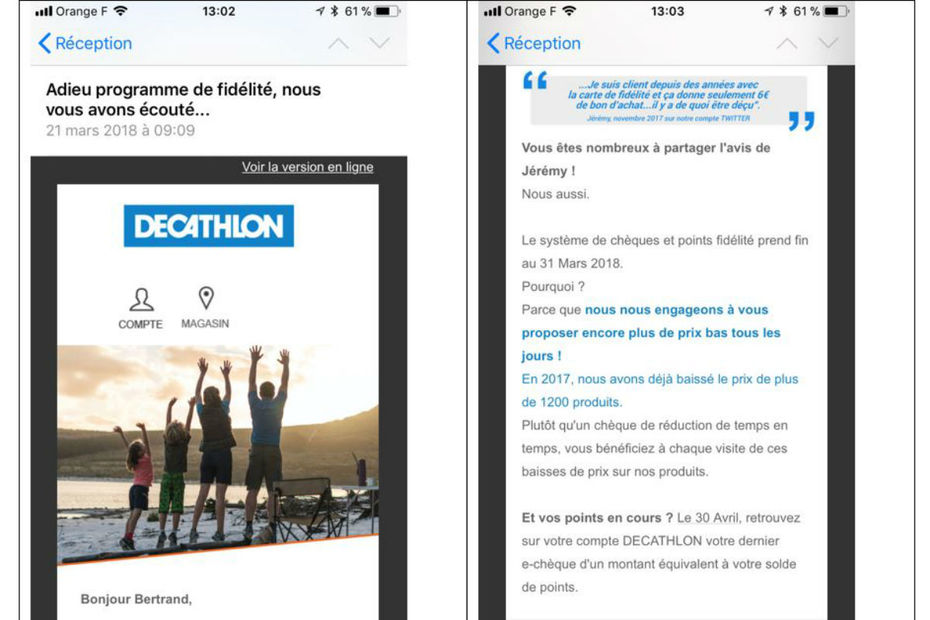 Email d'annonce de fin de programme fidélité Décathlon